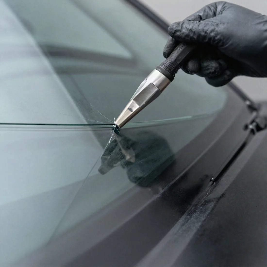 A gloved hand holding a resin injector against a crack in a car windshield during a chip repair
