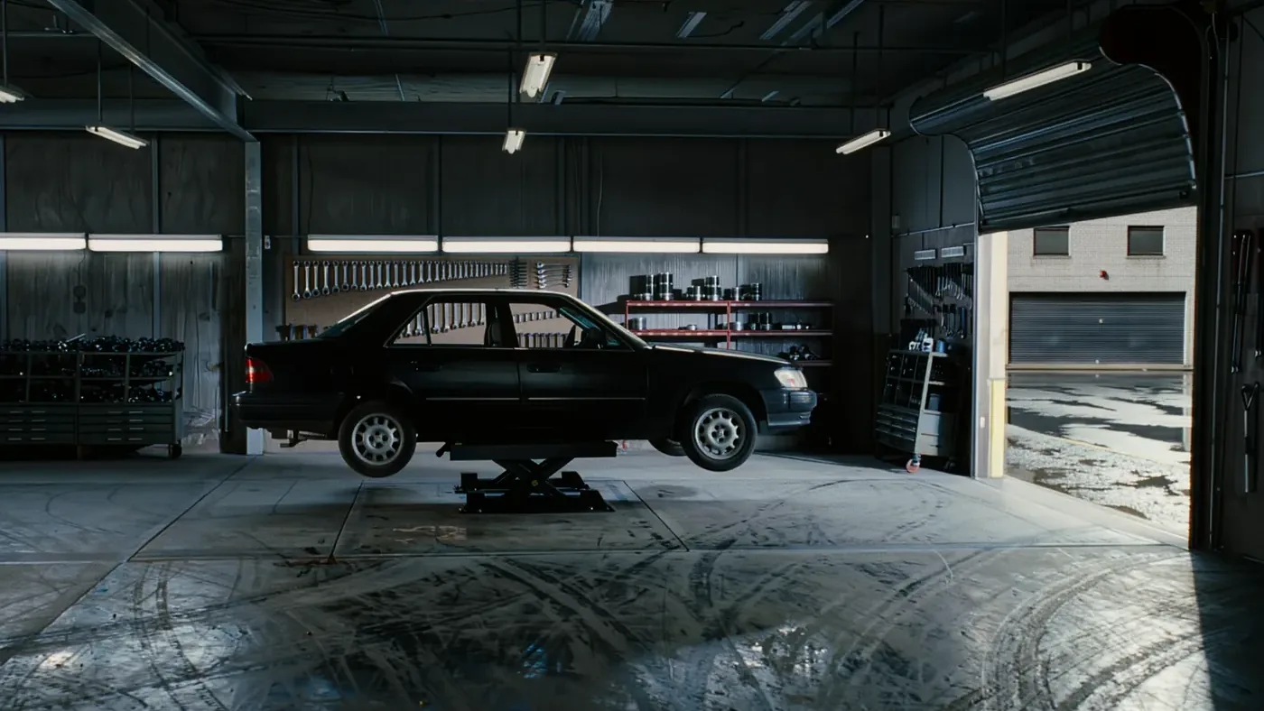 A dark sedan raised on a lift inside Lou's Auto Specialties repair bay in Brooklyn, tools racked along the back wall and the roll-up door open to the street