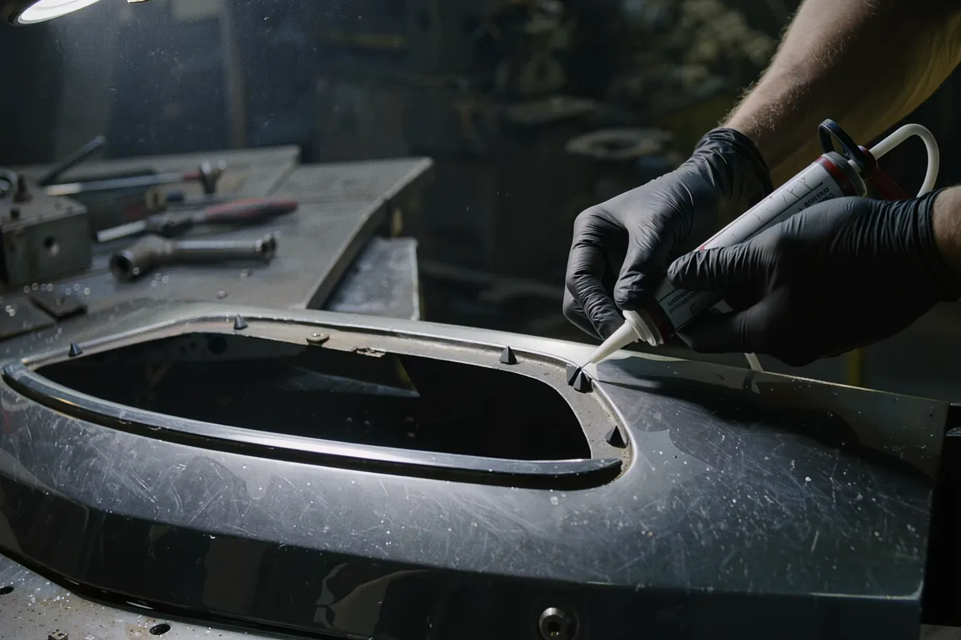 Gloved hands running a bead of urethane primer around the glass opening of a car body panel on the workbench